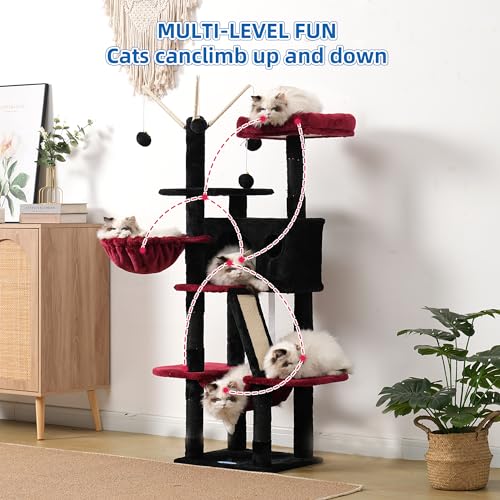 Hey-brother Cat Tree Tower with Padded Platform Bed, Hammock, MPJ019-SBR - color: Black and Red