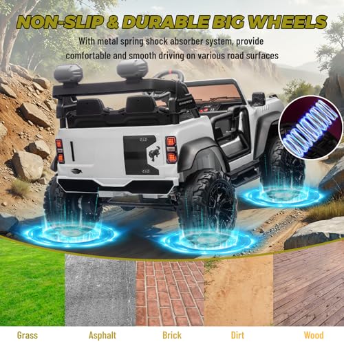 24V 2 Seater Ride On Toys for Kids, Licensed Ford Bronco Raptor Electric Ride On Car w/Remote Control, Safety Belt, LED Lights, Spring Suspension, Bluetooth Music, 3 Speed, White - color: White