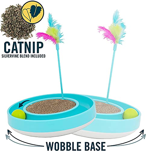 OurPets Wobble Scratch Track Cat Toy - Interactive Cat Toys for Indoor Cats with Ball Track That Rolls; Feather Wand and Scratcher Pad. Great as a Kitten Toy for Self Play to Keep Them Busy - size: Medium, style: Scratch Track