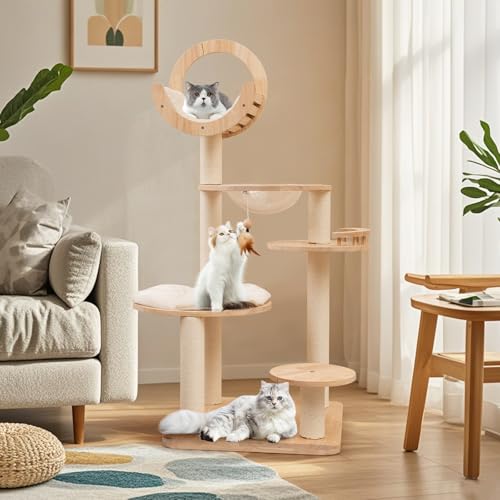 PETSITE 57 Inches Tall Wooden Cat Tree, Multi-Level Cat Tower with Scratching Posts, Space Capsule Bed, Padded Platform and Hanging Ball, Modern Transformable Cat Tree Tower for Indoor Cats Large