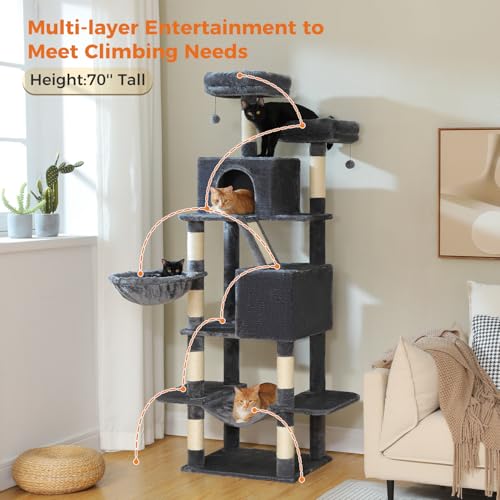 MUTTROS 70.8" Tall Cat Tree for Large Cats, Multi-Level Cat Tower with 8 Sisal Scratching Posts, 2 Top Perches, Big Condo, Large Hammock, and Cat Furniture for Indoor Cats, Dark Gray - color: Dark Gray, size: 70.8" Tall Cat Tree