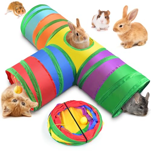 Bissap Collapsible Rabbit Tunnel, 3‑Way Hideout Toy for Small Pets - color: Rainbow, size: Large