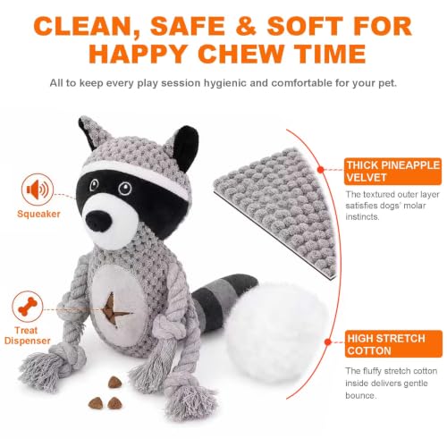 Dog Squeaky Chew Toy, Plush Crinkle Rope Dog Toy - Gray Raccoon - color: Gray Raccoon