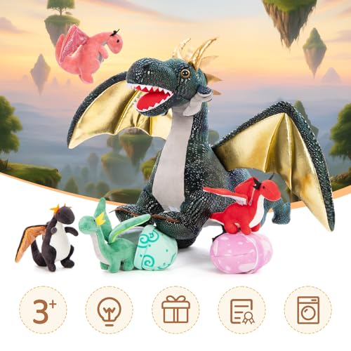 Dragon Plush Toy with 4 Babies, 21.7" Stuffed Animal, Dark Green - style: Dragon Dark Green