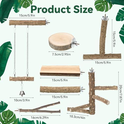 7PCS Natural Wood Bird Perch Set, Includes Paw Grinding Forks, Chewing Sticks, Exercise Branches, Hanging Multi-Branch Perch Platform, Swing Toy Rope Perches, for Medium Birds