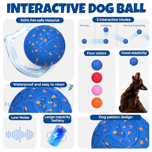 Fsitego Dog Balls: Interactive Dog Ball Auto Rolling - Interactive Dog Toys for Aggressive Chewers - Bouncy & Throwable, Type-C Rechargeable, Washable, for Small & Medium & Large Dogs – Blue