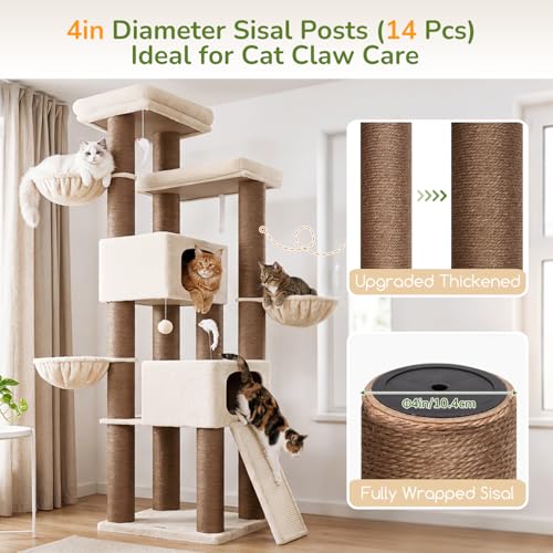 Globlazer 84" Multi-Level Large Cat Tree Tower with Extra Thick Full Sisal Scratching Posts, 2 Cat Condos, 3 Hanging Baskets, 2 Extra Large Platforms & Cat Scratching Ramp,S84, Beige - color: Beige, size: 84 Inch