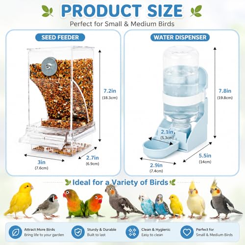 Rypet No-Mess Bird Feeder and Water Dispenser Set for Small Birds - color: White Feeder + Blue Drinking Bottle