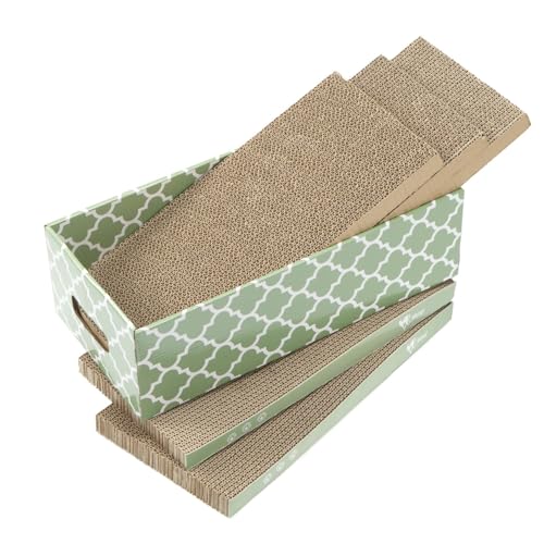MECOOL Cat Scratching Board，5PC Cat Scratch Pad with Box，Reversible Corrugated Cat Scratcher Cardboard and Lounge Bed for Indoor Cats, Catnip - size: M-5PCS