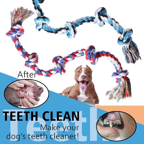 XIGOU Dog Rope Toys for Large Dogs Aggressive Chewers, Dog Chew Toys for Large Breed Indestructible, Heavy Duty Tough 3 Feet 5 Knots Dog Toy, Sturdy Rope toy for Dogs Tug of War Dog Toy Teeth Cleaning - color: Blue & Red