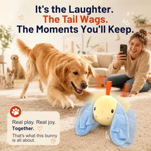 Interactive Automatic Dog Toys - Boredom-Busting Self-Moving Vibrating Plush Bunny with Voice Playback, Treat-Dispensing, Squeaky & Crinkle, Rechargeable, Safe & Washable for Puppies to Large Dogs