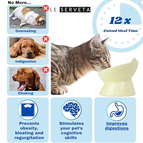 Macarons Series Ceramic Slow Feeder Cat Bowl, Raised Puzzle Feeder, Anti Vomiting Cat Slow Feeding, Elevated Food Bowl, Whisker Friendly Pet Bowl with Cute Ear Design (Yellow) - color: Yellow