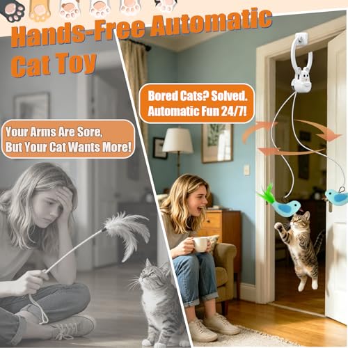 Interactive Cat Toys for Indoor Cats, Automatic Flying Bird Feather Wand Toy for Chase Exercise Enrichment, Rechargeable Durable Safe Hanging Cat Toy for Bored Kittens & Adult Cats - color: White