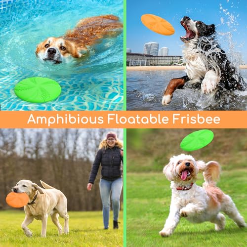Nobleza 2 Pack Dog Flying Disc, 8in Interactive Flyer Dog Toys for Small Medium Large Dogs to Fetch, Durable Outdoor Dog Disc Toy for Long-Distance Flies and Floats on Water, Orange & Green
