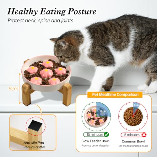 Elevated Ceramic Slow Feeder Cat Bowl with Anti-Slip Bamboo Stand - color: Pink + Stand