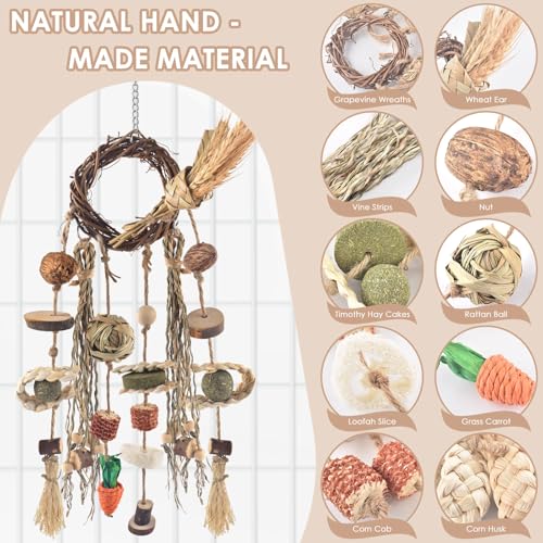 Bissap 3 PCS Rabbit Chew Toy, Bunny Cage Hanging Chew Toys Treats Rattan Ring with Snacks Water Grass Wooden Block Carrot for Guinea Pigs Chinchillas Hamsters Rats and Other Small Pets Teeth Grinding - size: 3 PCS