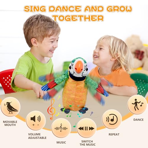 Talking Parrot Toy for kids - Moving Beak, 4-Level Volume Control, 30 Songs
