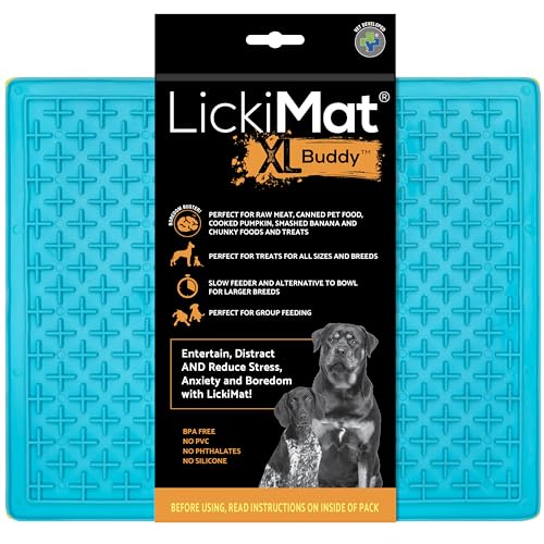 LickiMat X Large Breed Buddy Dog Lick Mat, Dog Calmer, Slow Feeder, Anxiety Reliever Alternative to Puzzle Toys, Slow Feeding Bowls. Use Peanut Butter, Wet, Raw, Mixed Food, Healthy Treats - Turquoise - color: Turquoise