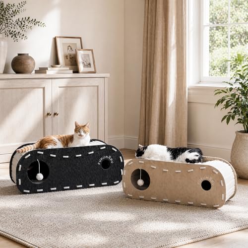 FUKUMARU Cat Bed Cave Tunnel, 31.5 Inch, Cat House Condo Indoor, Beige