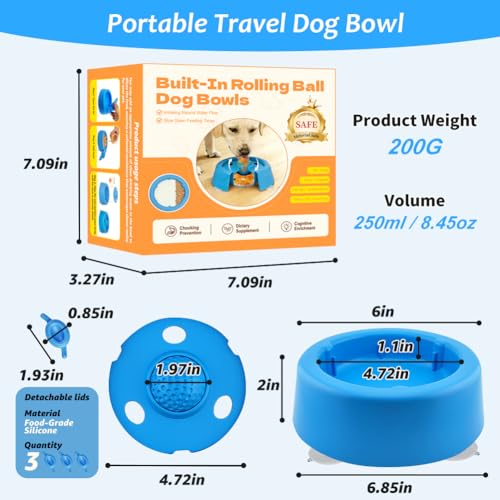 Slow Feeder Dog Bowls for Liquid Treat Dog Lick Bowl with Enrichment Rolling Ball Toy for Bone Broth Yogurt and Liquid and Thick Treat with Suction Cup Base for Small Medium Large Dogs