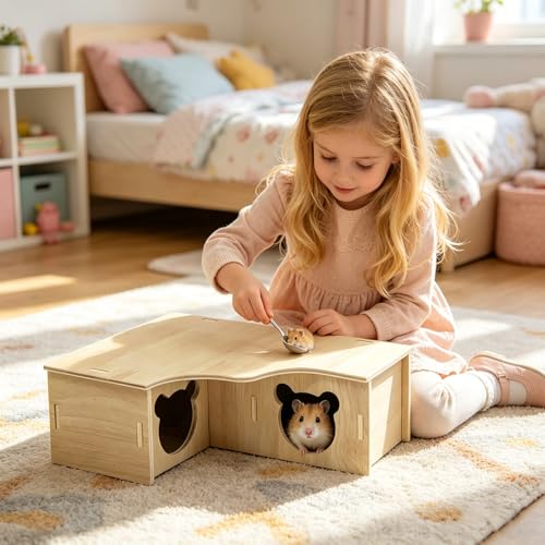 Multi-Chamber Hamster House Maze, 3-Room Hideouts, Wooden Hamster Maze & Tunnel Exploring Toys, Dwarf Hamster House Habitats Decor for Hamster Mice Gerbils Lemmings