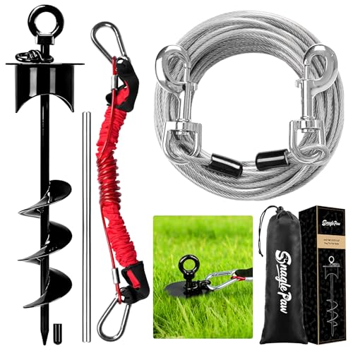 Snagle Paw Dog Tie Out Cable and Stake with Lock-Cap,Heavy Duty 30FT Dog Yard Leash & Stake with Shock Absorbing Bungee Tether,Rust Proof Ground Anchor for Yard, Beach, Camping & Outdoor,up to 360 Lbs - color: Black, 17in Stake (30ft Cable)