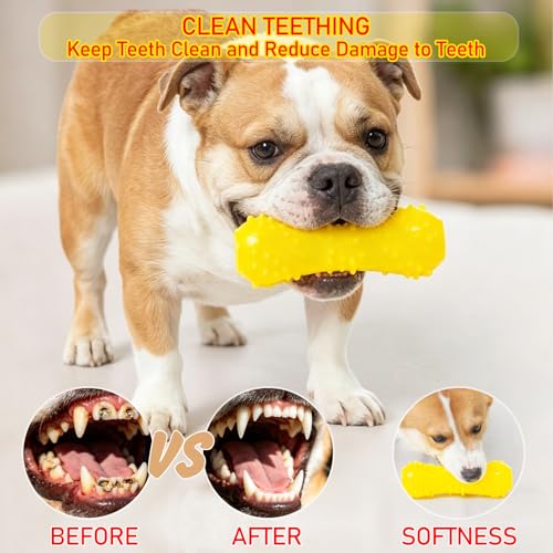 Dog Toys for French Bulldogs, Interactive Squeaky Dog Chew Toys for Aggressive Chewers, Natural Rubber Dental Teething Toys for Small to Medium Dogs, Yellow