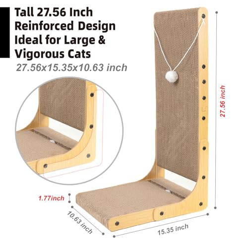 27.6 Inch Reinforced Cat Scratcher, L-Shaped Wall Mount Scratching Post with 2 Catnip Balls & 1 Fuzzy Ball Toy, Easy Flip Scratch Pad for Indoor Cats - size: 27.6 Inch 1-Pack Wooden Color