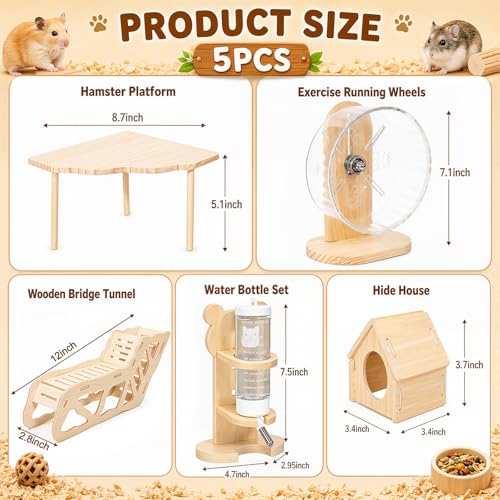 Novabright 5 Pcs Hamster Wooden Cage Accessories Hideout Wheels Platform - style: Basic Play Set