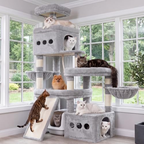 Heybly Cat Tree 72.4-Inch Anti-Tip Cat Tower with Spacious Perches HCT060W - color: Light Gray