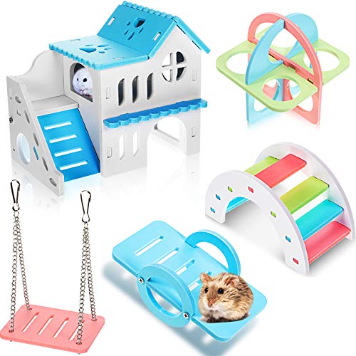 Skylety 5 Pcs Hamster Toys Wooden Accessories, 6.3 x 3.93 x 5.5 Inch, Blue - color: Blue