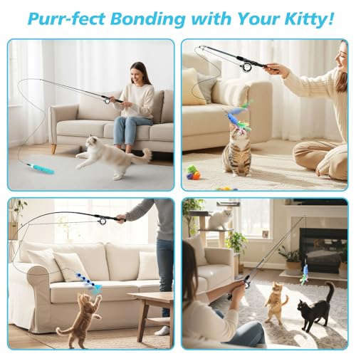 Pawaboo Cat Teaser Wand Toys, Cat Fishing Pole Toy with 3 PCS Feathers - color: Plush-Blue