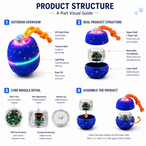 Smart Interactive Dog Ball, Automatic Rolling with LED Glow, E-TPU Dog Ball, Toy for Dog - color: Blue