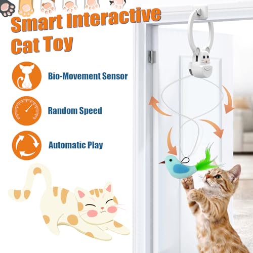 Interactive Cat Toys for Indoor Cats, Automatic Flying Bird Feather Wand Toy for Chase Exercise Enrichment, Rechargeable Durable Safe Hanging Cat Toy for Bored Kittens & Adult Cats - color: White