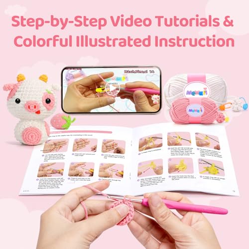 Mewaii Strawberry Cow Crochet Kit for Beginners, 40% Extra Yarn - color: Pink