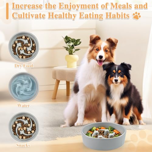 Ceramic Slow Feeder Dog Bowls,0.6 Cups Dog Food Dish for Small Breed - color: Grey-M