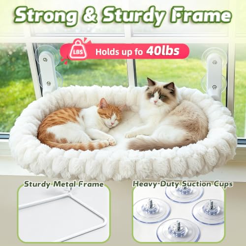 AMOSIJOY Foldable Cat Window Perch with Cloud-Soft Cushion Bed, L White - color: White Striped Cushion Bed, size: Large