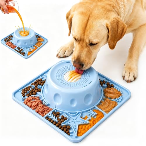 Dog Licking Slow Feeder Bowl with Rolling Ball Anti-Gulping, 2 in 1 Dog Non-Slip Lick Mat, Edible Silicone for Wet Food, Yogurt, Bone Broth, Nutrient Solution Blue - color: Blue, size: Single