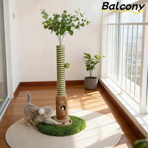 Cat Scratching Post, Two Tone Tall Sisal Scratch Pole For Indoor Cats,Artificial Turf Base Cat Tower With Hanging Toy,Double Ball Track & Simulated Mouse Hole,Strong Post For Kittens/Cats (35 in Post) - size: 35 in