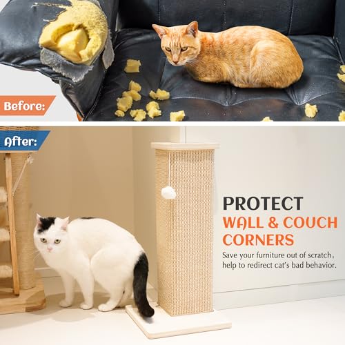 PETKARAY Couch Corner Cat Scratcher, 28'' Corner Scratching Post Cat Wall Scratcher, Sisal Scratch Pad for Sofa, Wall Furniture Protector with Toy Ball - color: Corner, size: Large