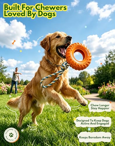 Dog Chew Tire Toy, Natural Rubber Puppy Teething Toy-Tether 6.3'' Orange - color: Orange+Rope