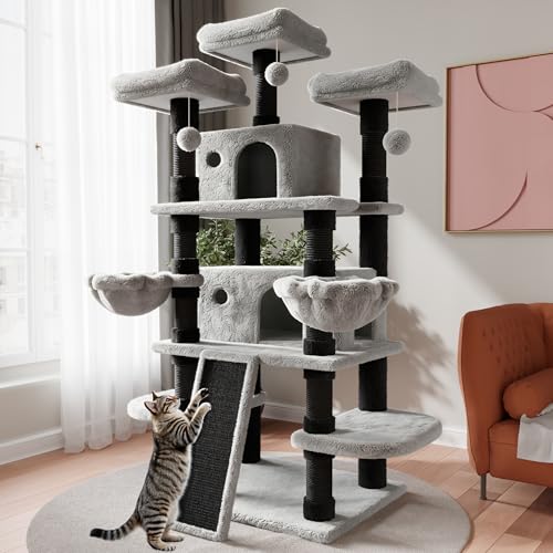 SHA CERLIN 68 Inches Multi-Level Large Cat Tree for Large Kitties/Big Cat Tower with Condo/Cozy Plush ‌Pussycat Perches/Sisal Scratching Posts and Hammocks/Activity Center/Black & Grey - color: Black & Grey, size: 68in