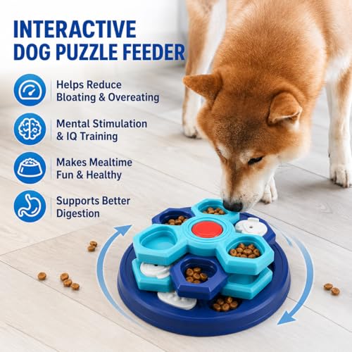 Slow Feeder Puzzle Dog Bowl, 4-Layer Rotating Interactive Pet Feeder with 7 Removable Covers, Silicone Spatula & Non-Slip Base, Blue