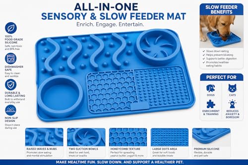 Silicone Dog Feeding Mat with Slow Feeder & Lick Pad for Dogs and Cats – Non-Slip Spill-Proof Pet Feeding Tray with Bowl Holder, Dishwasher Safe, Support, 12 x 8 Inch Blue - color: Blue