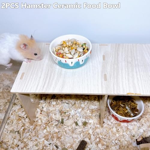 2 Pack Ceramic Guinea Pig Food Bowl Hamster Food Bowls for Gerbil Rat - color: Red + Blue