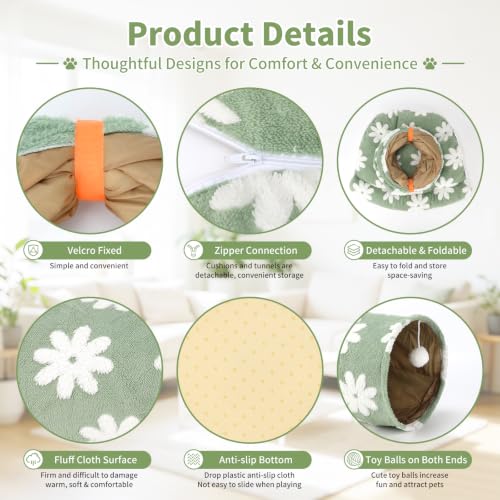 BWOGUE Bunny Tunnel Bed, 2-in-1 Collapsible Rabbit Tunnel Hideout with Mat - color: Flower Green