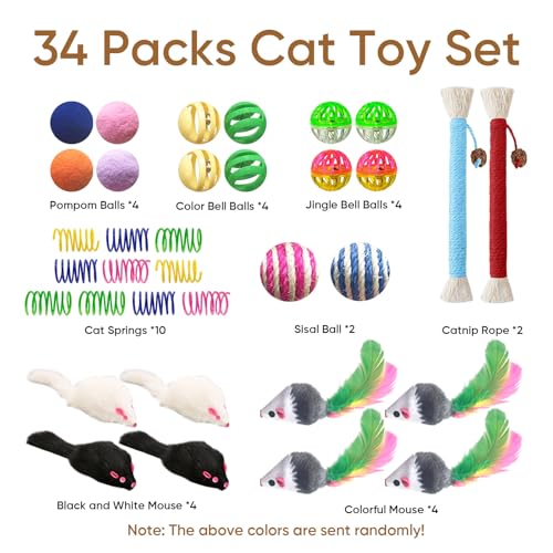 Cat Toys for Indoor Cats, 34 Pack Interactive Cat Toy Set for Kitten - size: 34 Packs