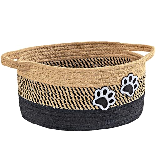Small Woven Cotton Rope Nursery Organizer Bins, Dog Toy Basket Bins with Handle, Cute Empty Pet Gift Storage Baskets with Paw - color: Khaki-Black