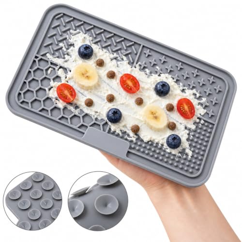 Dog Lick Mat for Dogs & Cats, 2 Pack Silicone Lick Pad with Strong Suction Cups, Slow Feeder Mat for Bathing, Grooming, Anxiety Relief, Peanut Butter, Wet Food & Treats - color: Beige+Gray
