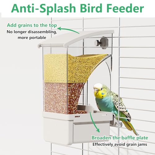 Hamiledyi 2Pcs Automatic Birds Feeder No Mess Bird Cage Feeder Transparent Acrylic Parrot Seed Food Container with Perch Bird Cage Accessories for Parakeet Finch Lovebirds Budgies Canary (White) - color: White Transparent - 2